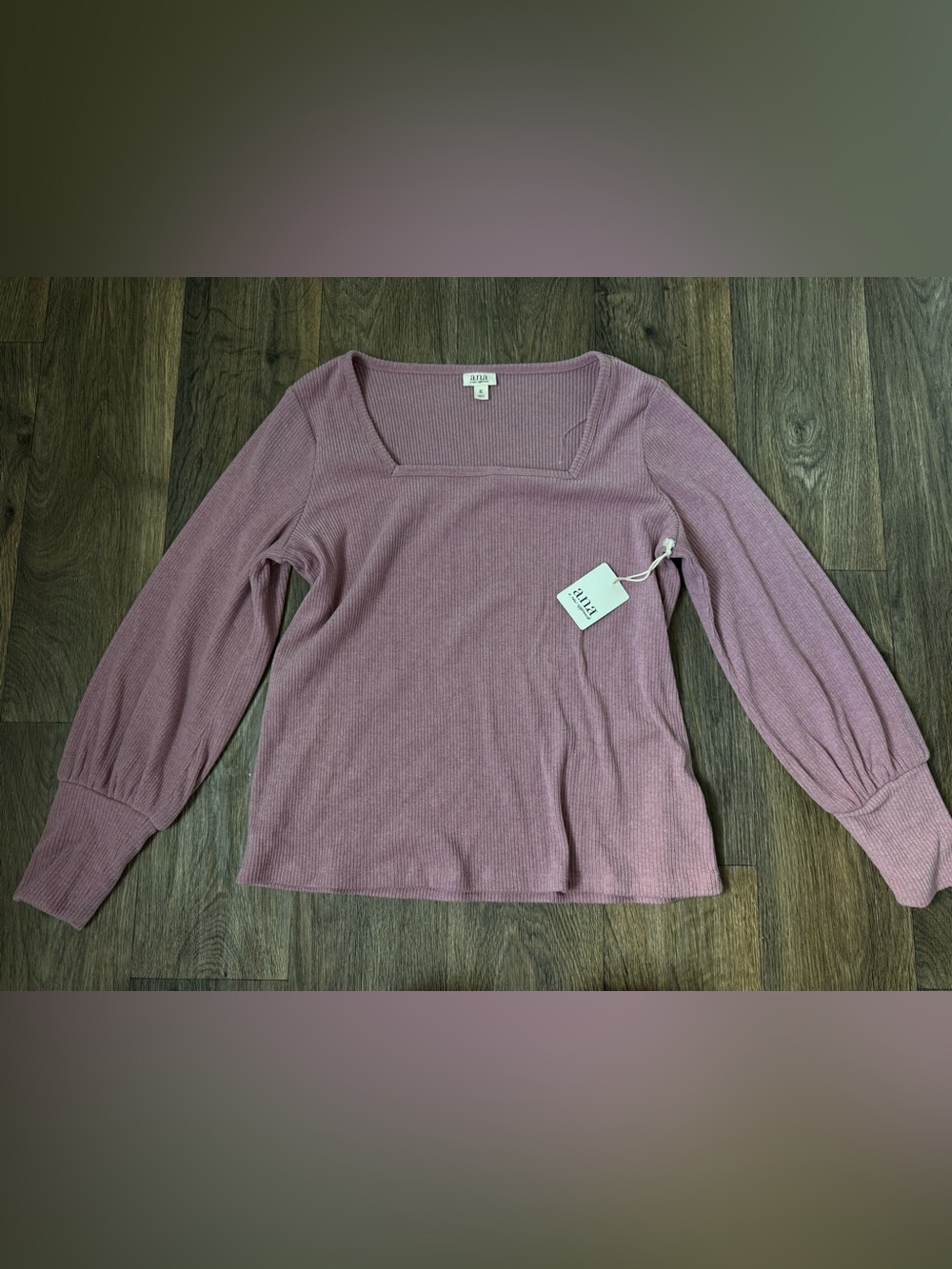 New! a.n.a Dusty Mauve Ribbed Square-Neck Long Sleeve Top XL